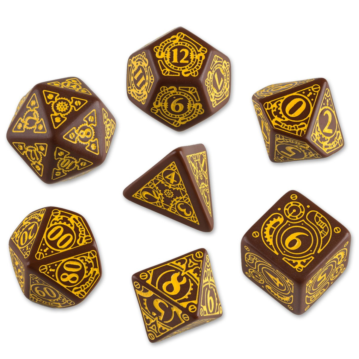 Q-Workshop Steampunk Dice Set Brown with Yellow Etches 7 Piece Set